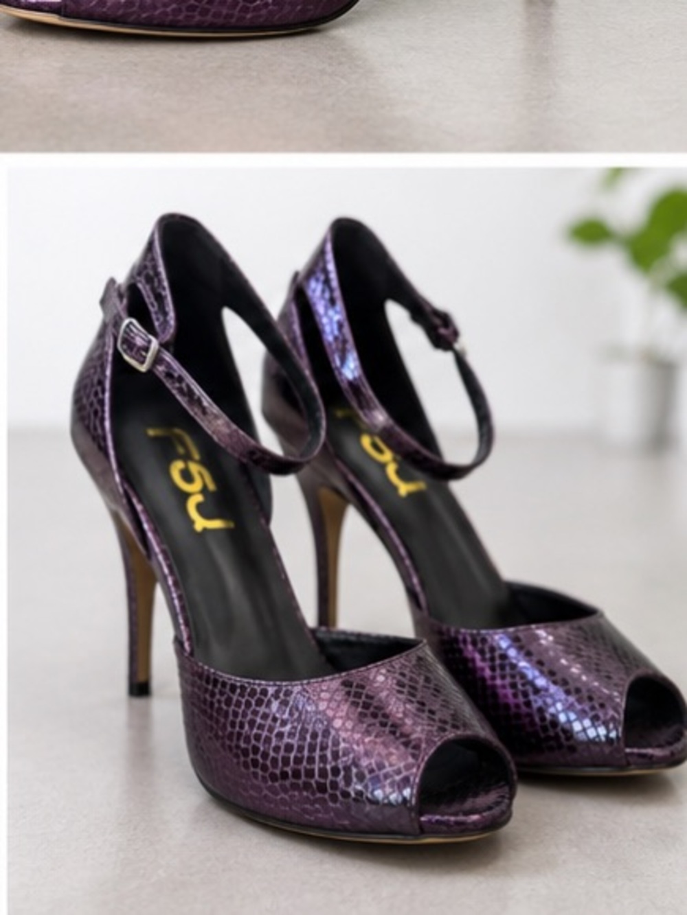 FSJ Plum Snake-Embossed Peep-Toe Ankle Strap Heels